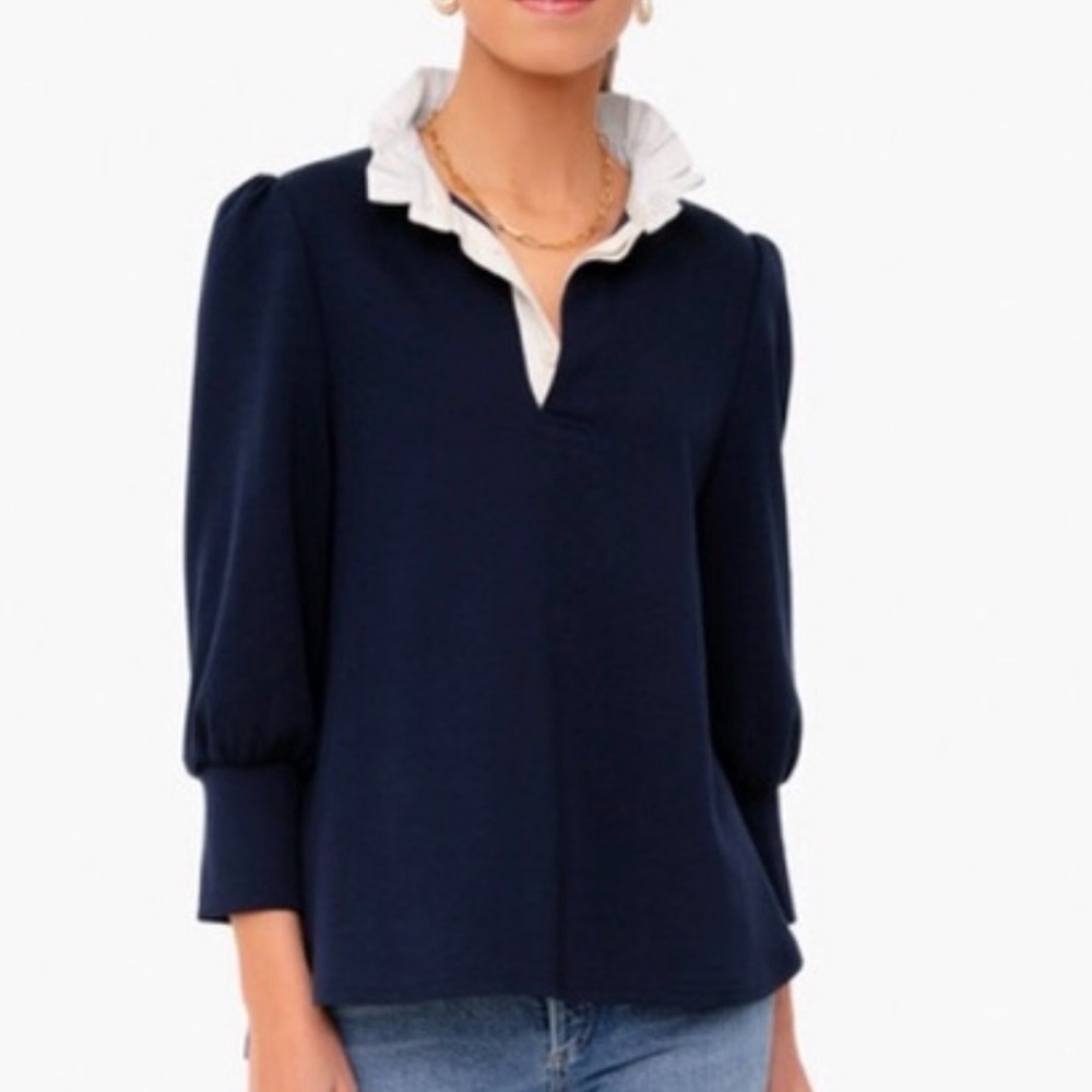 Pomander Place Tuckernuck Charlotte Ruffle Polo Top XS Navy